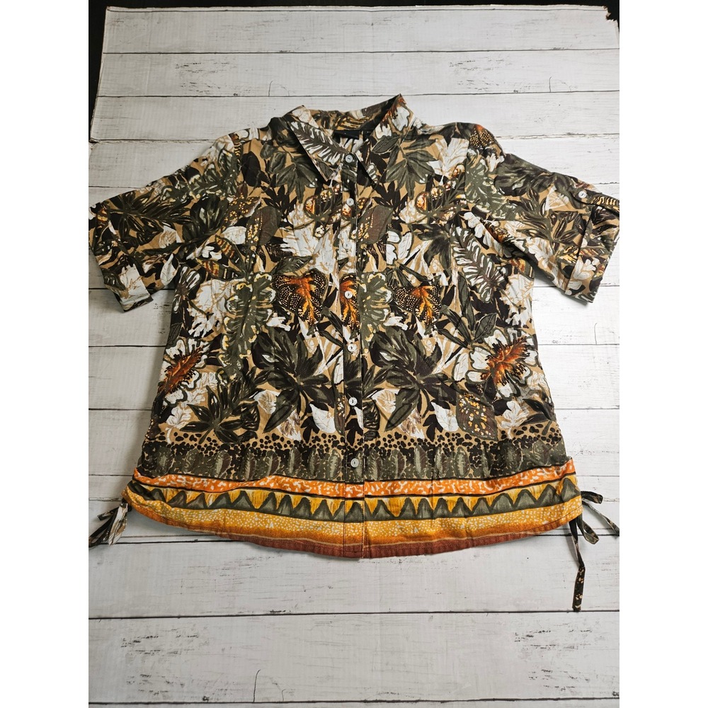 Erika Petite Tropical Floral Butterfly Button Down Shirt PXL Green Brown Top